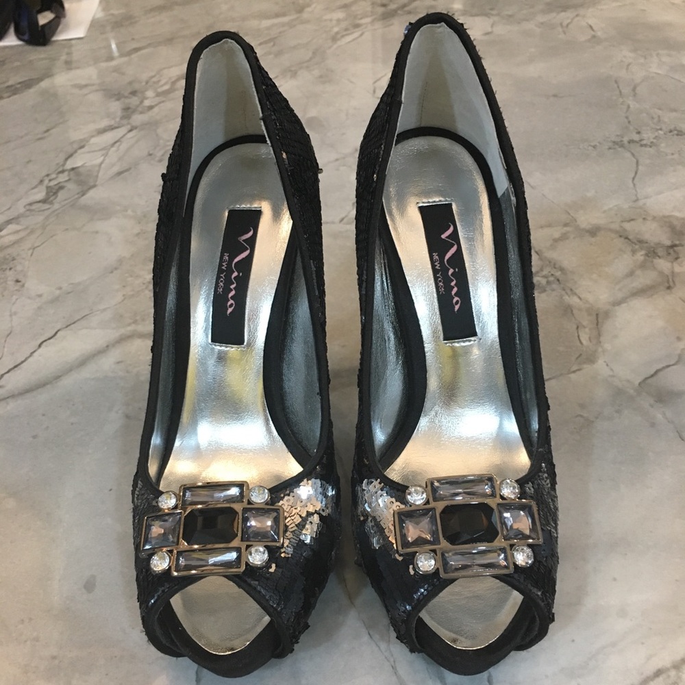 Nina NYC sequin/bejeweled holiday party heel.